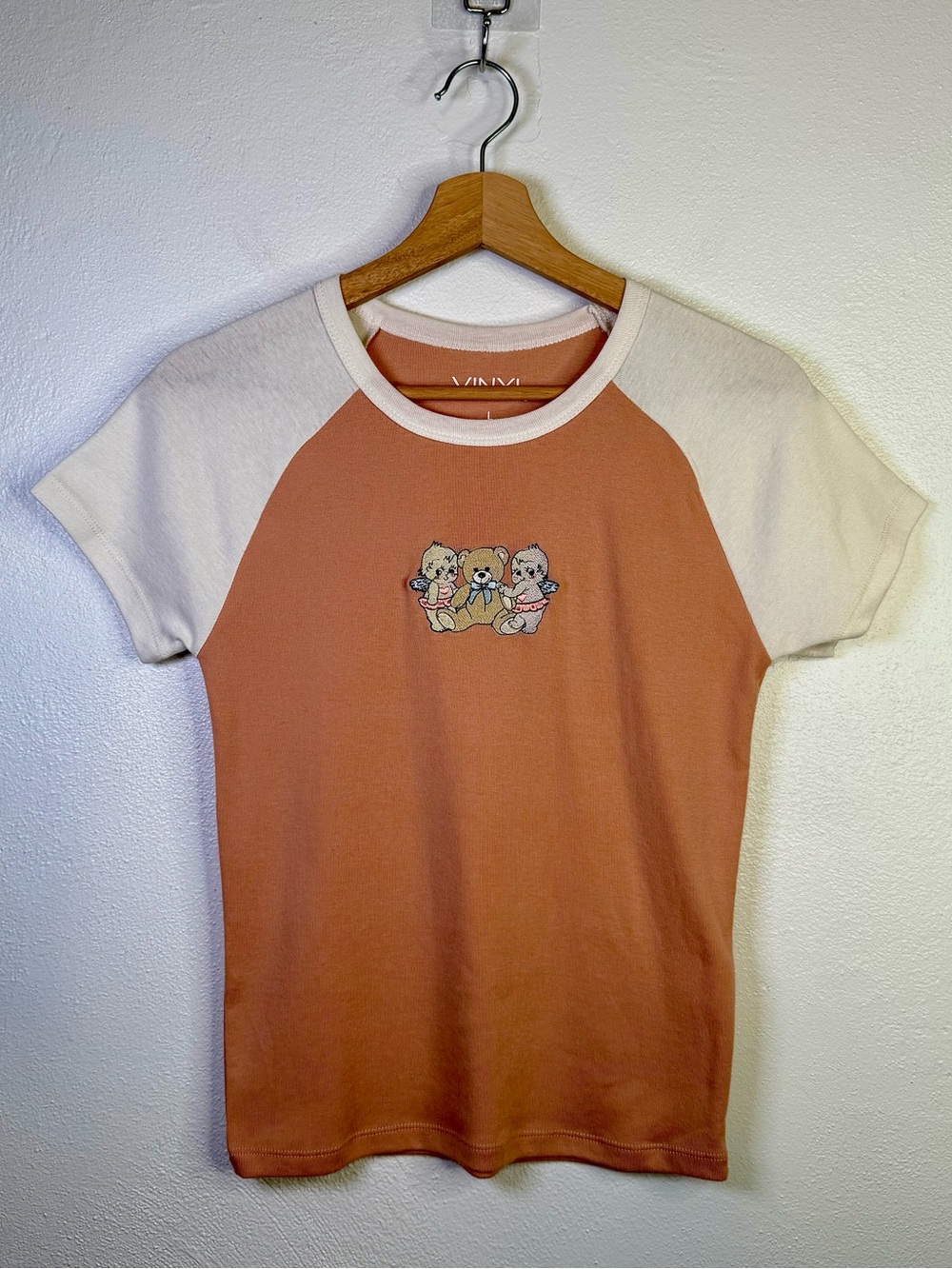 Vinyl Icons Y2K Style Raglan Sleeve Tee Two Tone Colorblock Teddy Bear Large NWT